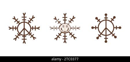 Set aus schwarzen Schneeflocken-Ikonen im Retro-Look mit Gesicht und Friedenssymbol. Designelement zur Dekoration Weihnachtskarte. Vektordarstellung iso Stock Vektor