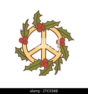 Groovige Retro-Hippie-Weihnachten. Friedensschild mit Weihnachtswinterbeere-Schleifenkranz. Das Mistelkonzept der 60er 70er Jahre inspirierte trendige Sticker oder Vektorelemen Stock Vektor