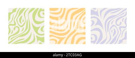 Satz abstrakter flüssiger Wellenmuster in pastellgebleichten Farben. Psychedelische Hintergründe im Retro-Stil der 60er 70er Jahre. Sammlung von Hippie-Ästhetik-Groovy Stock Vektor