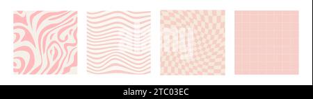 Groovige, funky, quadratische Hintergründe in rosa Farbe. Valentinstag. Set aus einfachen abstrakten groovigen Mustern im psychedelischen Retro-Stil der 60er 70er Jahre. Vektorwandpa Stock Vektor