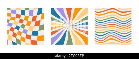 Set aus verdrehtem Gingham-Schachbrett, Sonnenstrahlen und Wellen Hintergrund in Regenbogenfarbe. Grooviges, mehrfarbiges Hippie-Schachbrettmuster. Retro Wavy 60s 70s Stock Vektor