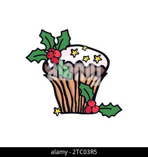 Süßer Weihnachtskuchen mit Grün. Clipart für Dekoranhänger, Geschenkverpackung, Webbanner, Vektor-Feiertag Hand gezeichnete Illustration, isoliert auf weißem Hintergrund Stock Vektor