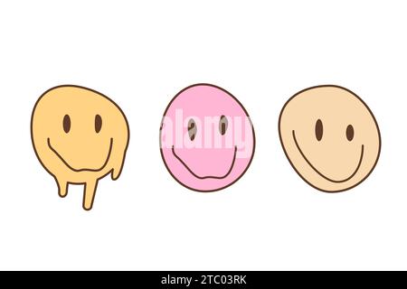 Eine Reihe von verrückten, schmelzenden und tropfenden Gesichtern umrahmt Farbsymbole. Von der Psychedeliekultur inspirierte Charaktere auf dem Drogentrip. Grooviges Emoji in Vintage c Stock Vektor