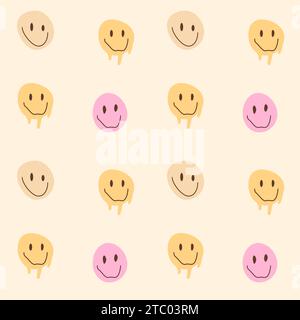 Nahtloses Retro-Muster mit verschiedenen schmelzenden, lächelnden Gesichtern. Psychedelic Hippie-Kultur-inspirierter Hintergrund für Drogenreisen. Retro-Farbpalette im Vintage-Look. Vect Stock Vektor