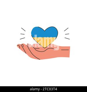 Eine offene Palme im Cartoon-Stil mit ukrainischer Flagge in Herzform. Konzept der Flüchtlingshilfe, Spende und Wohltätigkeitsstiftung. Freiwilliger Einsatz für Einwanderer Stock Vektor