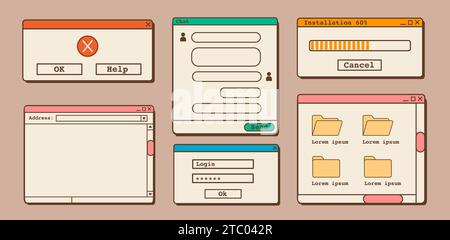 Vektorsatz aus 90er Jahren alten Benutzeroberflächenelementen. Nostalgisches Retro-Operationssystem, optisch anmutende Dialogfenster und Browservorlage. Dampf Stock Vektor