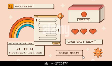 Affirmation Nostalgisches Poster mit 90er Jahre alten Computeroberflächenelementen. Abstrakter Hintergrund mit Vintage-ästhetischen Dialogfenstern. Groov Stock Vektor