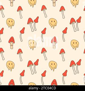 Nahtloses Retro-Muster mit schmelzenden, lächelnden Gesichtern und Pilzen. Psychedelic Hippie-Kultur-inspirierter Hintergrund für Drogenreisen. Retro-Farbpalette im Vintage-Look Stock Vektor