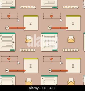 Altes ästhetisches nahtloses Muster am Computer. 1980er Jahre 1990er Jahre Nostalgie Hintergrund mit Retro-Bildschirm mit Elementen der Benutzeroberfläche. Chatfenster mit Butto Stock Vektor