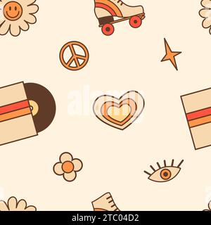 Nahtloses Retro-Muster mit analoger Vinylplatte im Retro-Stil, Rollschuh, Friedenszeichen, Herz und lächelnder Blume. Vintage Hintergrund mit 70er 80er Jahre Nostalgie c Stock Vektor