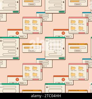 Altes ästhetisches nahtloses Muster am Computer. Retro-Bildschirm mit Elementen der Benutzeroberfläche. Meldungsfenster mit Schaltflächen und Dialogfeld. 1980er Jahre 1990er Jahre nrn Stock Vektor