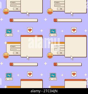 Abstrakter Retro 80er 90er Jahre ästhetisch groovige Hintergründe mit alter Computer-Benutzeroberfläche, nostalgischen Elementen und Aufklebern. Nahtloses Muster in Vaporwellen Stock Vektor