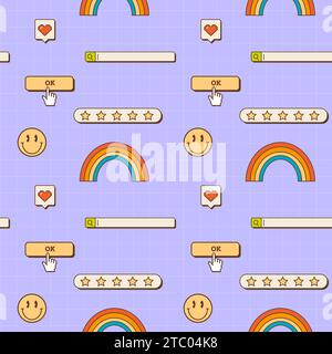 Abstrakter Retro 80er 90er Jahre ästhetisch groovige Hintergründe mit alter Computer-Benutzeroberfläche, nostalgischen Elementen und Aufklebern. Nahtloses Muster in Vaporwellen Stock Vektor