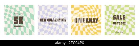 Retro Social Media Werbespot in psychedelisch funky nostalgischem Design. Vintage 80er Jahre, 90er Jahre ästhetische Hintergründe, verzerrte Gingham-Hintergründe. Quadrat Stock Vektor