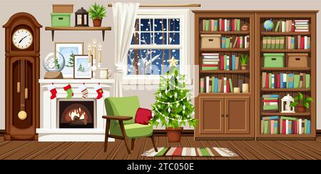 Weihnachtliche Wohnzimmereinrichtung mit Kamin, Weihnachtsbaum, Sessel, Bücherregale, Großvateruhr, und Schnee vor dem Fenster. Gemütliches Ch Stock Vektor