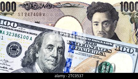 US-Dollar-Banknote und japanische Yen-Banknote. Geschäftskonzept von Wechselkurs, Börse, Handel Stockfoto