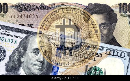 Japanische Yen-Banknote, amerikanischer Dollar und durchscheinendes Bild von Bitcoin für Handels- und Wirtschaftskonzept, Börse, Wechselkurs Stockfoto
