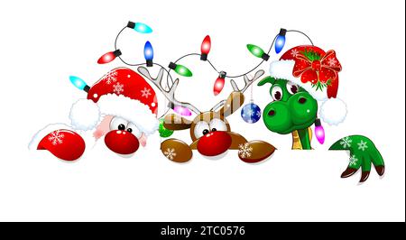 Weihnachtsmann, Hirsch und Drache auf weißem Hintergrund. Die Zeichentrickfiguren tragen Santa-Hüte und sind mit Weihnachtsbaumschmuck und einem verziert Stock Vektor
