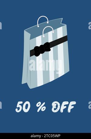 Blaue leere Einkaufspapiertüte Vektor-Illustration. 50 Prozent Rabatt Stock Vektor