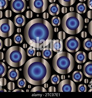 Abstraktes nahtloses Muster mit blauen Kugeln auf Metallscheiben. Vektorhintergrund. Große und kleine kugelförmige Kugeln mit futuristischem Muster Stock Vektor