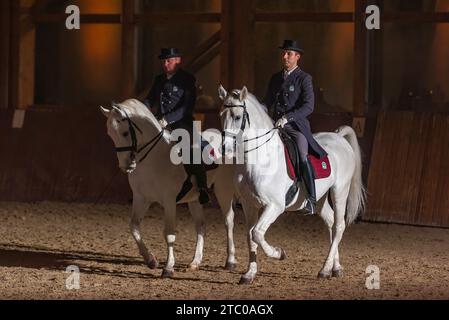 Djakovo, Hrvatska. Dezember 2023. Reiter auf lipizzanern treten während des Lipizzaner Christmas Ball auf dem Staatsgestüt Djakovo, Ostkroatien, am 9. Dezember 2023 auf. Der Lipizzaner Christmas Ball ist eine barocke Bühnenshow mit Lipizzanern, die am 9. Dezember 2023 in Djakovo, Kroatien, stattfindet. Foto: Davor Javorovic/PIXSELL Credit: Pixsell/Alamy Live News Stockfoto