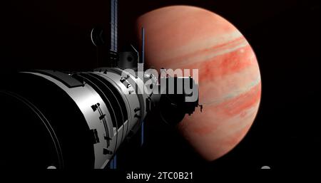 Raumschiff kommt am Exoplaneten an, Weltraummission zum unbekannten Planeten. 3D Science Fiction. Stockfoto