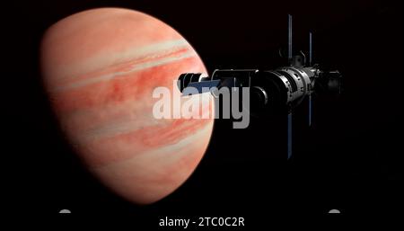 Raumschiff kommt am Exoplaneten an, Weltraummission zum unbekannten Planeten. 3D Science Fiction. Stockfoto