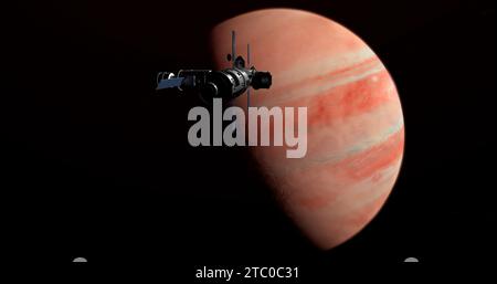 Raumschiff kommt am Exoplaneten an, Weltraummission zum unbekannten Planeten. 3D Science Fiction. Stockfoto