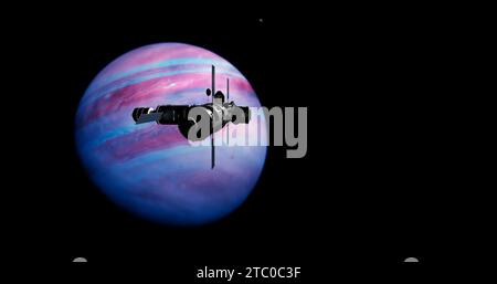 Raumschiff kommt am Exoplaneten an, Weltraummission zum unbekannten Planeten. 3D Science Fiction. Stockfoto