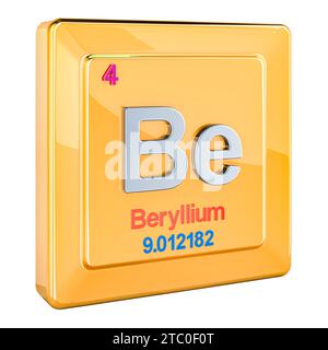 Beryllium-Symbol, chemisches Element-Zeichen. 3D-Rendering isoliert auf weißem Hintergrund Stockfoto