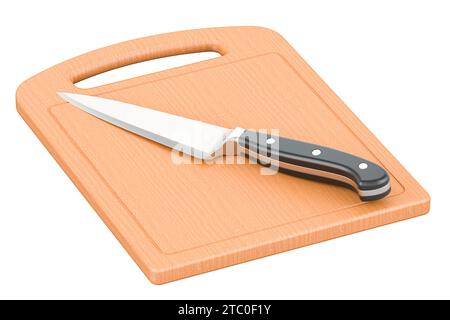 Schneidebrett aus Holz mit Messer, 3D-Rendering isoliert auf weißem Hintergrund Stockfoto
