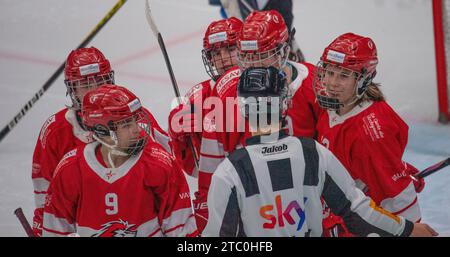 Lausanne, Waadt, Schweiz. Dezember 2023. Lausanne Schweiz, 12.09.2023:Lausanne HC Women's feiert während des 10. Spiels . Das 10. Spiel fand in der Waadtländer Arena in Lausanne zwischen Lausanne HC Women's und EHC Bassersdorf Women's statt Der EHC Bassersdorf gewann mit 6:2. (Kreditbild: © Eric Dubost/ZUMA Press Wire) NUR REDAKTIONELLE VERWENDUNG! Nicht für kommerzielle ZWECKE! Quelle: ZUMA Press, Inc./Alamy Live News Stockfoto