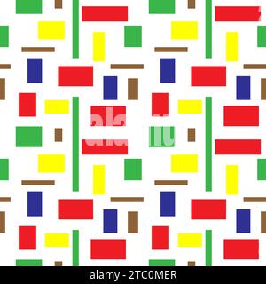 Abstrakte geometrische Komposition aus verschiedenen Rechteckformen. Nahtloses farbenfrohes Vektormuster. Rote, gelbe, grüne, blaue und braune Rechtecke. Stockfoto