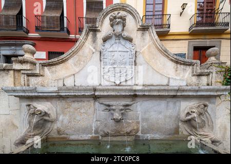 Granada, Spanien; 4. November 2023: Pilar del Toro in Granada, ein wunderschöner Steinbrunnen mit Fassaden alter Häuser im Hintergrund Stockfoto