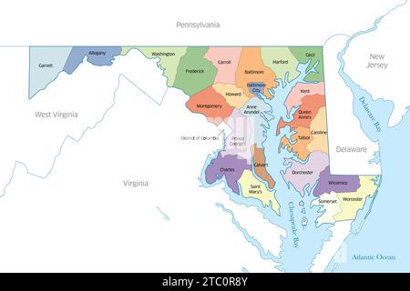 Mehrfarbige Karte mit den vielen Countys, die den US-Bundesstaat Maryland ausmachen. Stockfoto