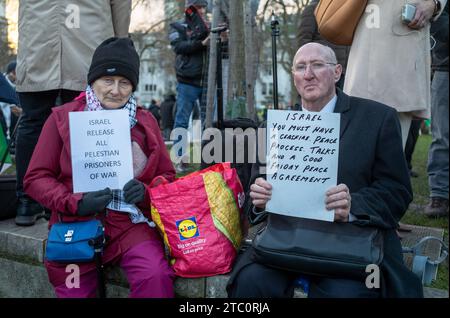 London, Großbritannien. 9. Dezember 2023: Ein älteres englisches Ehepaar hält Plakate, die auf einer pro-palästinensischen Demonstration für ein Ende der israelischen Angriffe auf Gaza aufrufen. Andy Soloman/Alamy Live News Stockfoto