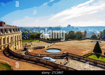 Herrlicher Blick auf den Garten der Domaine National de Saint-Cloud mit Baumkronen und in der Ferne „La seine Musicale“ auf der Insel der seine. Be Stockfoto