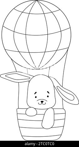 Malseite für Kinder: Hase, der in Einem Heißluftballonkorb fliegt, Eine kreative Aktivität für Kinder, Eine lustige Vektor-Illustration für die Kreativität der Kinder Stock Vektor