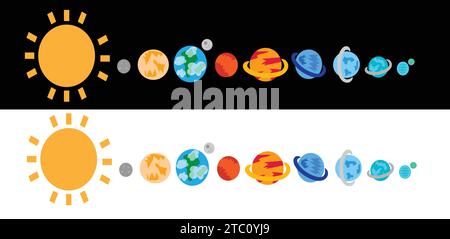 Sonnensystem mit Sonne und Planeten, Quecksilber, Venus, Erde, Mond, Mars, Jupiter, Saturn, Neptun, Uranus, Pluto und charon. Auf schwarz-weißem Hintergrund Stock Vektor