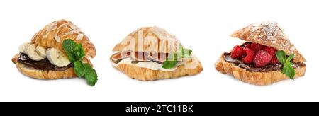 Köstliche Croissants mit verschiedenen Füllungen isoliert auf weiß, Set Stockfoto