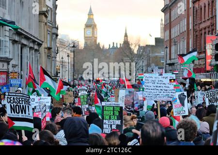 London, Großbritannien. Dezember 2023. Pro-palästinensische Demonstranten gehen durch Whitehall, wo die A-Bühne für Sprecher eingerichtet ist. Zehntausende marschieren von der City of London zum Parlamentsplatz und rufen zu einem dauerhaften Waffenstillstand im Gazastreifen auf, während der Krieg zwischen Israel und der Hamas eine zweimonatige Grenze überschreitet. Quelle: Eleventh Photography/Alamy Live News Stockfoto