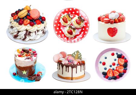 Set aus isolierten hausgemachten Desserts und Kuchen mit frischen Beeren. Pavlova, Cupcakes, Joghurt, Schokoladenmousse und Kuchen auf bunten Tellern Stockfoto