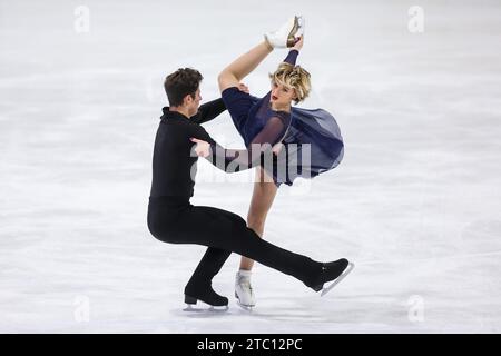 Zagreb. Dezember 2023. Solene Mazingue (R) und Marko Jevgeni Gaidajenko aus Estland treten am 9. Dezember 2023 während des Eistanz-Freischlags des Eiskunstlaufs bei der ISU Golden Spin in Zagreb, Kroatien, auf. Quelle: Igor Kralj/PIXSELL über Xinhua/Alamy Live News Stockfoto