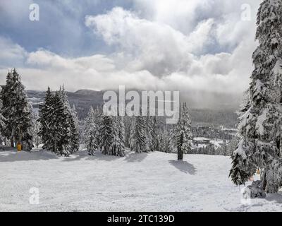 Wunderschöner Tag im Skigebiet Mount Washington. Stockfoto