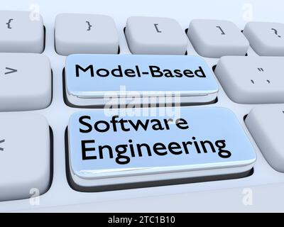 3D-Darstellung der Computertastatur mit dem Skript Model-Based Software Engineering auf zwei farbigen Schaltflächen. Stockfoto