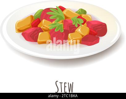 Teller mit Lamm, Kartoffeln, Zwiebeln und Thymian, Eintopf Stock Vektor