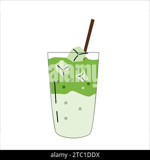 Milchtee aufblasen oder glatt in Glas mit Eis, Matcha Latte. Vektordarstellung isoliert. Kann für Menühintergrund, Stiker, Web-Symbol verwendet werden. Geeignet für Küche, Café-Design. Stock Vektor