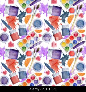 Aquarell handgezeichnete Illustration, Kinder Kinder Malmaterial Zubehör, Kunstpapier und Farbspritzer. Nahtloser Hintergrund isoliert auf Stockfoto