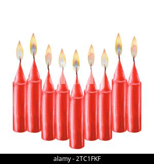 Aquarellrote Kerzen mit Flamme für Illustrationen zu Weihnachten, Candlemas Day, Hochzeit, Geburtstag, Ostern, Magie, Gedenktag, Spa und Entspannung f Stockfoto