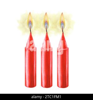 Aquarellrote Kerzen mit Flamme für Illustrationen zu Weihnachten, Candlemas Day, Hochzeit, Geburtstag, Ostern, Magie, Gedenktag, Spa und Entspannung f Stockfoto